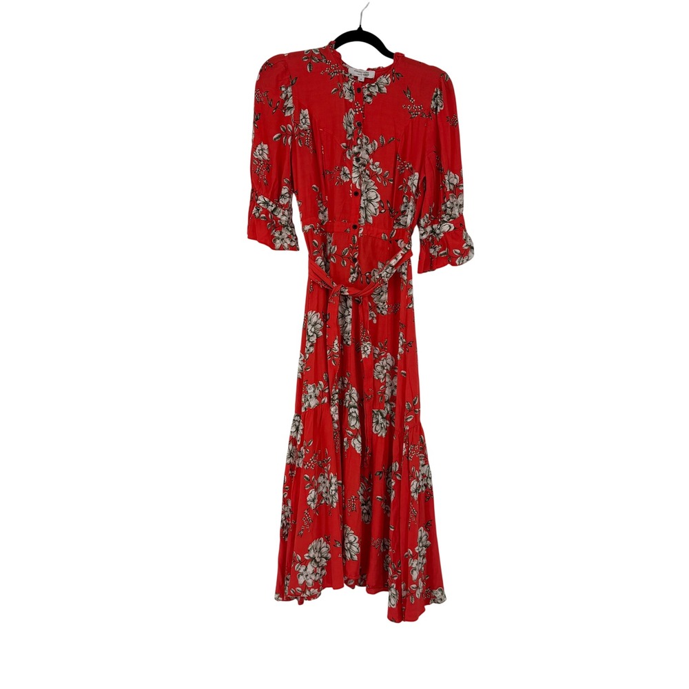 Marissa Webb Orange Floral Midi Dress Button Front Tie Waist Puff Sleeve Sz 2